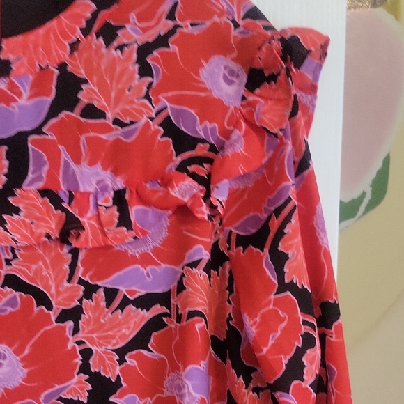 who what wear Vibrant Red and Purple Floral ruffle lined zip up back Dress szLg - Picture 4 of 6